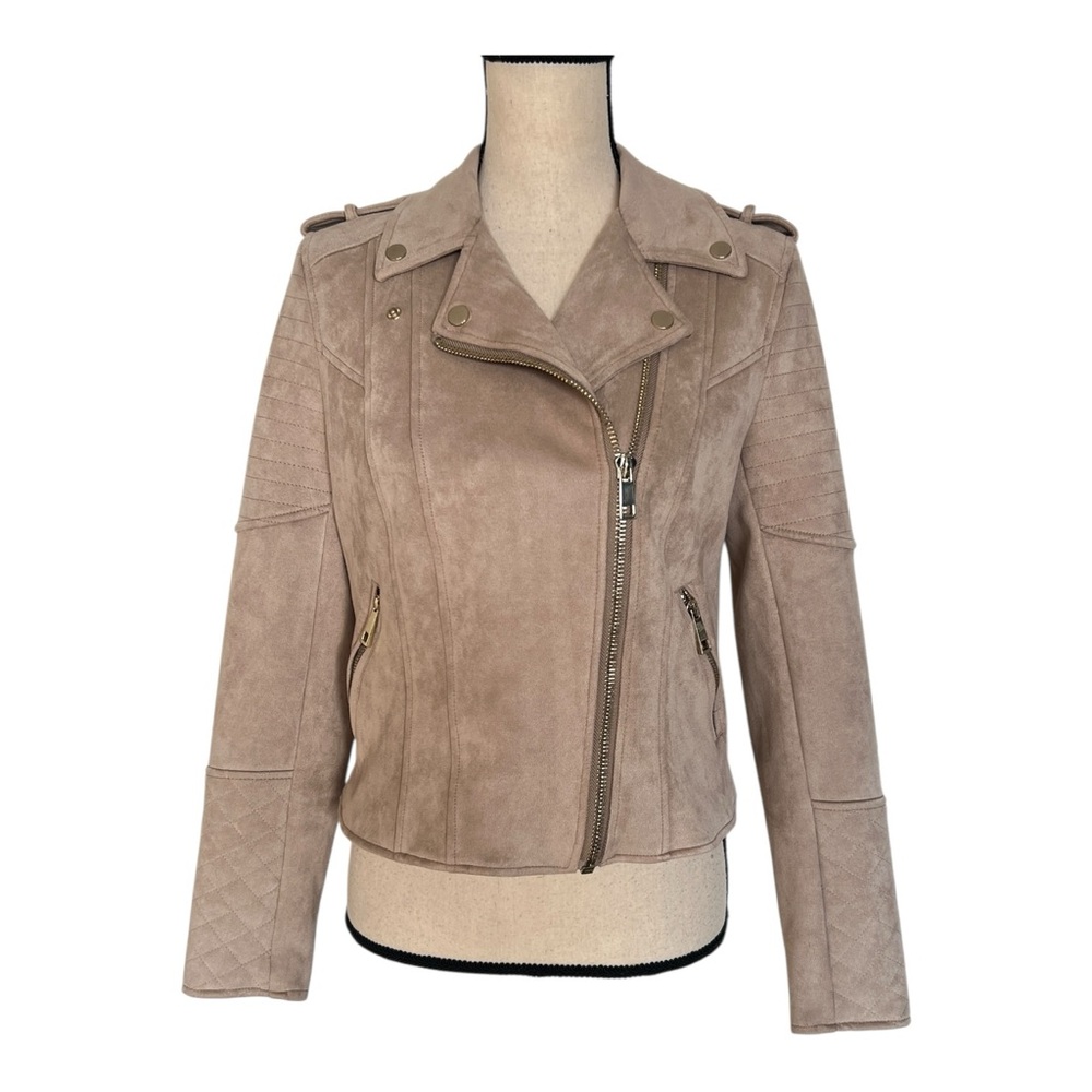 River Island Taupe Faux Suede Moto Biker Jacket - Size 10